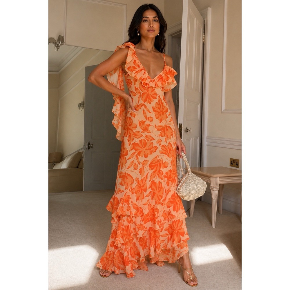 Finesse Floral Maxi Dress Orange Peach Ruffle Tiered Sheer Wedding Guest XS - Picture 2 of 12
